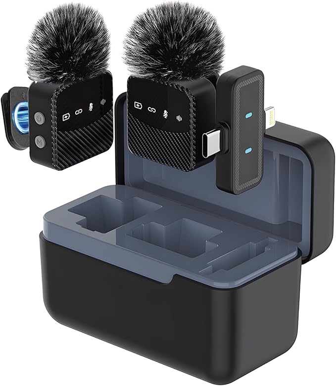 Wireless Lavalier Microphone for iPhone & Android, Auto-Pairing Noise-Reduction Clip-On Mini-Mic with Charging Case, Headphone Monitoring, Wide Compatibility for Recording & Vlogging