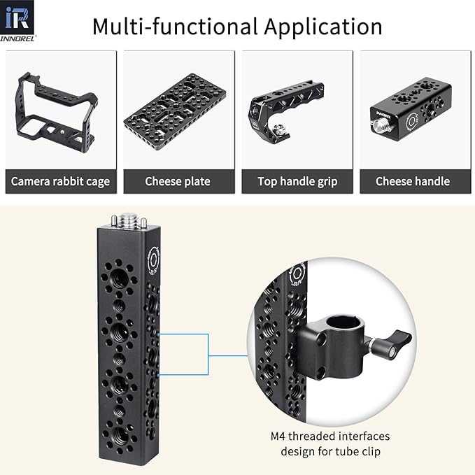 INNOREL CB4 CNC Aluminum Alloy Multi-Function Cheese Handle, Cheese Grip Extension Bar, Featuring 3/8" and 1/4" Arri Locating Holes for Camera Cage Frames, Cheese Plates, Any 3/8" Threaded Point