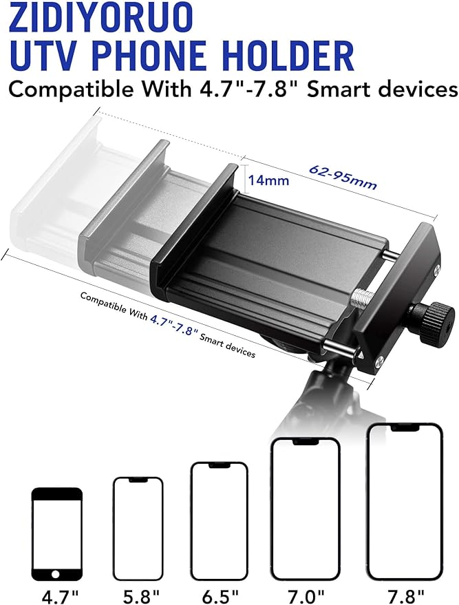 UTV Phone Holder, SXS Phone Holder Mount on 1.75"-2" Roll Cage Bar, Fits 4.7"-7.8" Smart Devices. Stable and Strong Design for UTV ATV and SXS. Free View of Portrait and Landscape