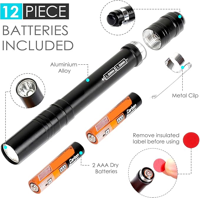 FASTPRO 6-Pack Pen Light, Aluminum LED Penlights with Batteries Included, Pocket Pen Flashlight with Clip for Inspections, Repairs, Camping and Emergencies, Black