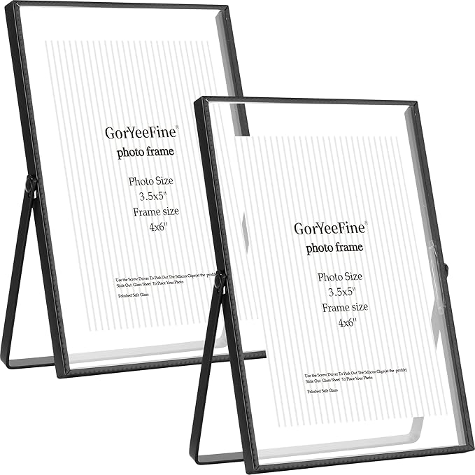 Black 4x6'' Floating Picture Frame Set of 2,For Photo Sizes (2x3'',3.5x5''),Beautiful Metal Beaded Edge Frames Adjustable Tabletop/Shelf Photo Frame,Classy Gift Choice for Wedding