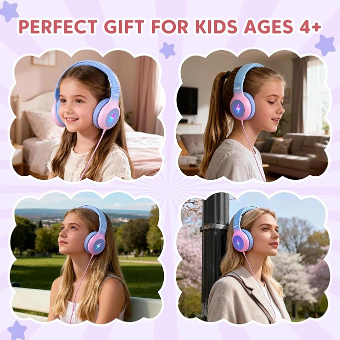 USB C Headphones Wired, Kid Headphones with LED Light, Over Ear USB-C Wired Headphone with Microphone, 85/94dB Volume Limit, USB Type C Headphone for Boys/Girls/School/Travel, Purple Gradient