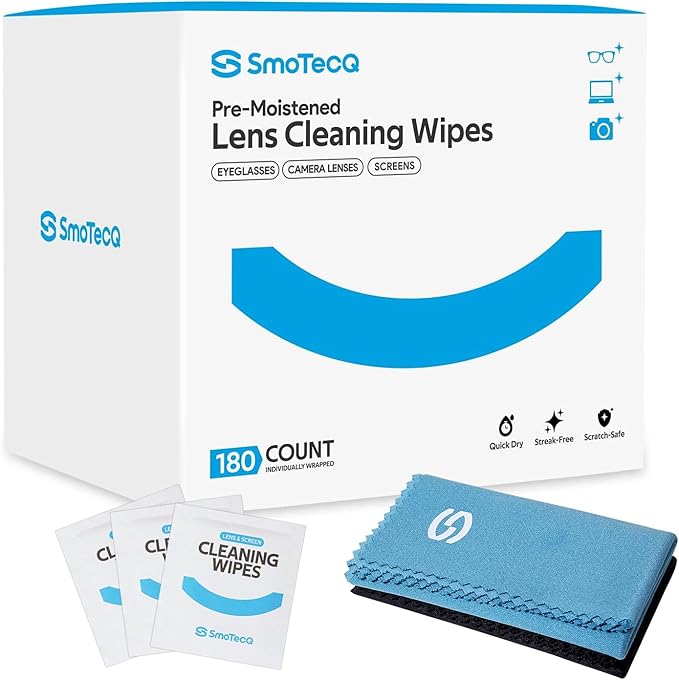 SmoTecQ Lens Wipes for Eyeglasses (180 Count + 2 Cloths) – Pre-Moistened Lens Cleaner for Coated Lenses, Sunglasses, Camera & Screens – Ammonia-Free, Streak-Free, Individually Wrapped