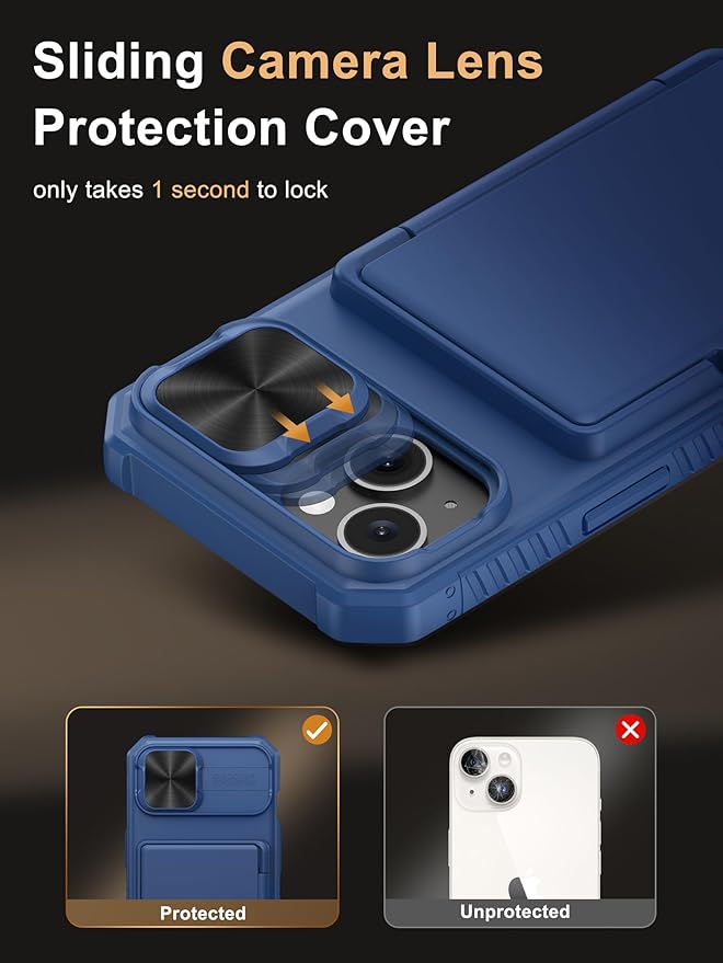Vihibii for iPhone 15, iPhone 14, and iPhone 13 Wallet Case with Card Holder (4 Cards), [RFID Blocking] & Slide Lens Camera Cover & Raised Edges Protect Screen, Shockproof Wallet Phone Case, Blue
