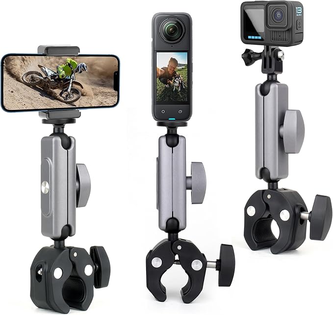 SOONSUN Super Clamp Camera Mount with Dual 360° Ballhead, Magic Arm & Phone Clip, Heavy Duty Clamp Mount for GoPro, Insta360, DJI Osmo, DSLR, iPhone, Bike Motorcycle Handlebar, Pole, Desk