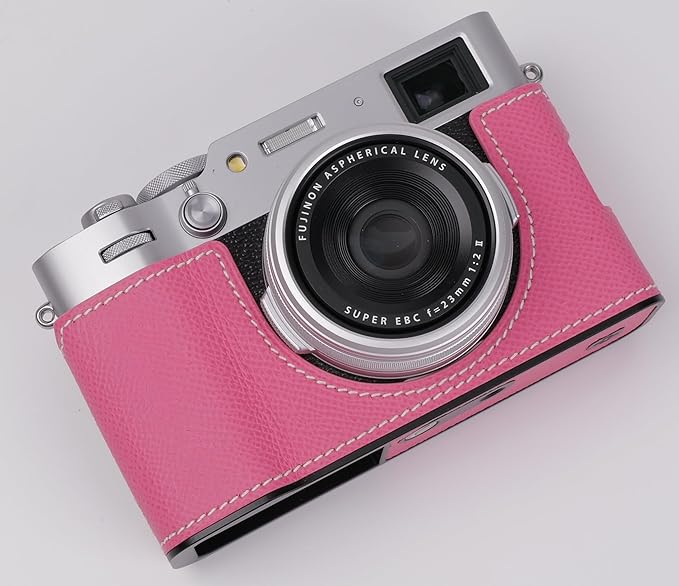 Uchandmade Genuine Leather Camera Half Case for Fujifilm X100VI - Top Layer Cowhide Body + Metal Base Plate - Hand Shank Free Design (Pink)