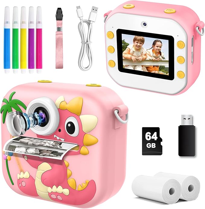 64GB Kids Camera Instant Print, 48MP Birthday Gifts Instant Print Camera for Kids with Print Paper, 1080P Dual-Lens Selfie Instant Cameras Video for Girls Age 3 4 5 6 7 8 9 10 11 Toddler Toy
