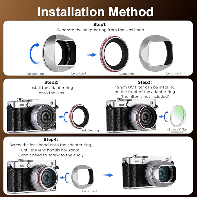 Haoge Squaret Metal Lens Hood for Fujifilm XF23mm F2.8 on XE5 Cemera Body kit Fujinon XF27mmF2.8 R WR Lense 39mm Screw-in Hood Silver,with Metal Cap