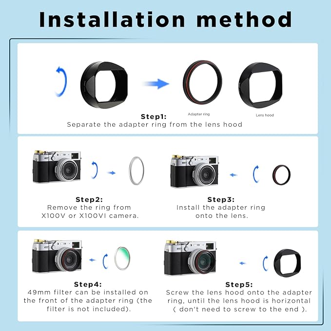 X100VI Square Metal Lens Hood for Fujifilm Fuji X100VI Camera Accessories Black with 49mm UV Filter Adapter Ring Haoge LH-X54B