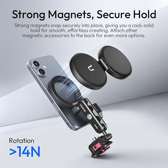 ULANZI Aluminum Magnetic Phone Tripod Mount, MA56 Camera Phone Mount w 1/4'' Screw & Thread Uka Arca Base, Adjustable Phone Holder for Monitoring Tripods Stabilizer for iPhone 17/16/15/14/13 Series