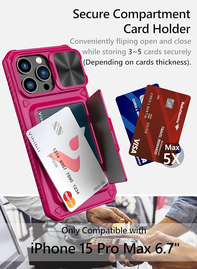 Vihibii for iPhone 15 Pro Max Wallet Case with Card Holder (4 Cards) & Slide Camera Cover & Kickstand, Raised Edges Protect Screen, Rugged Hard Back Cover for iPhone 15 Pro Max, 5G 6.7" 2023, Hot Pink