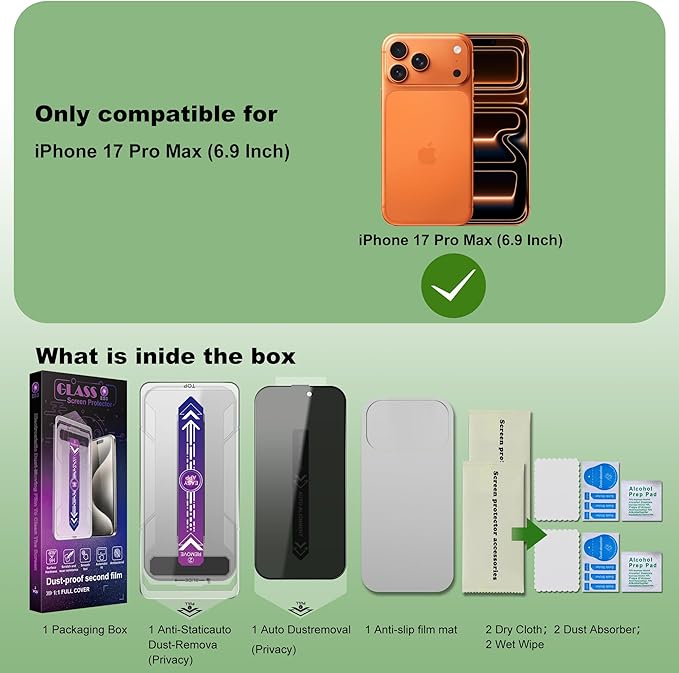 SHANG PIN JIA 2 Pack Privacy Screen Protector for iPhone 17 Pro Max 6.9-Inch Auto Dust Removal, No Bubbles,Anti-Spy Tempered Glass Film, Easy Installation