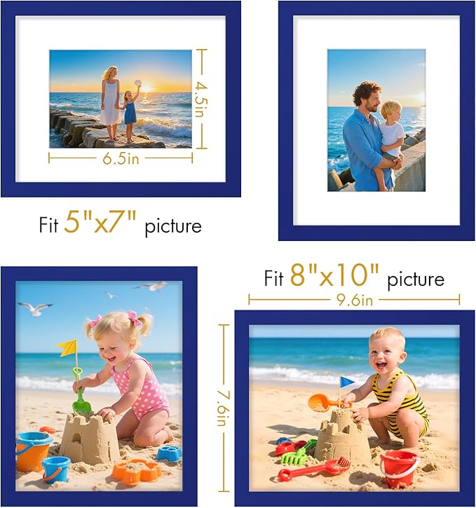 Vittanly 8x10 Picture Frame, Made of Solid Wood and Shatterproof Plexiglass, Display Pictures 5x7 with Mat or 8x10 without Mat, Wooden Photo Frame for Wall Mounting or Tabletop, Royal Blue, 1 Pack