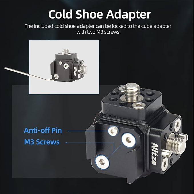 Nitze Camera Mount Cube Adapter (6-Sided) Universal Camera Mount with 1/4” Locating Holes, 3/8” Locating Holes, Cold Shoe Adapter, 1/4” Screws, 3/8” Screws and Locating Pins - N82B