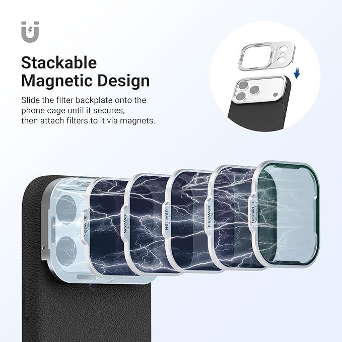 NEEWER ND Filter Set Only for PA134 Phone Case Compatible with iPhone 17 Pro Max, Neutral Density ND8/16/32/64 + Black Diffusion 1/4 + Magnetic Backplate, Lens Filter Accessories Kit, Silver