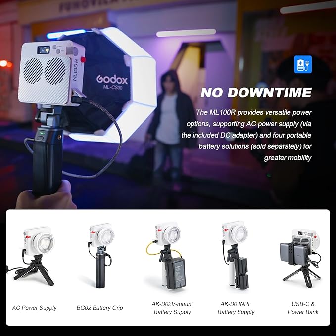 Godox ML100R RGB COB LED Video Light, 110W Full-Color Lamp with Battery & Carry Case, Godox Mount, 1800K-10000K, CRI 97+/TLCI 98+, 14 FX Effects, APP Control for Studio/Streaming/Outdoor Photography