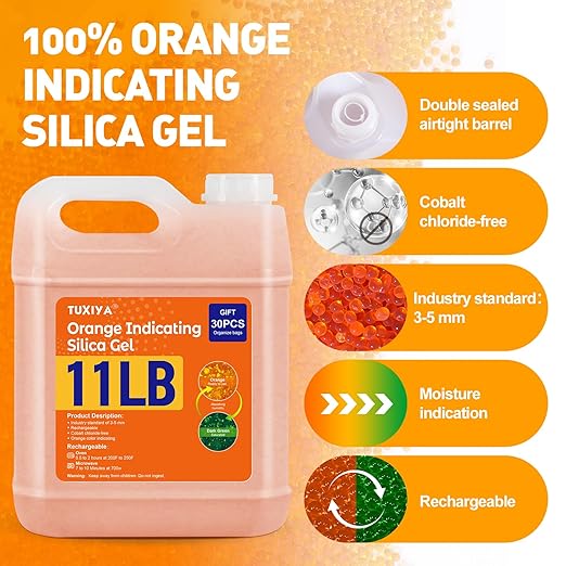 11 LBS Orange Indicating Silica Gel Desiccant Beads,(Industry Standard 3-5 mm) Rechargeable Silica Gel Beads for 3D Filament, Electronic Devices, Camera, Jewelry, Safe(30PCS Organza Bag)