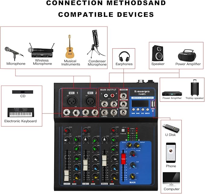 4 Channel Mixer With 48v Phantom Power,USB Audio Mixer Board For Live Show Streaming Recording Music Stage Karaoke