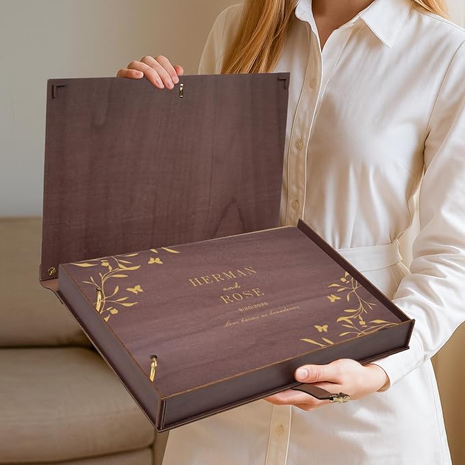Custom Wedding Scrapbook Album, Personalized Wooden Wedding Photo Album Carved Flowers and Names, Anniversary Scrapbook Birthday Engagement Keepsake Gifts