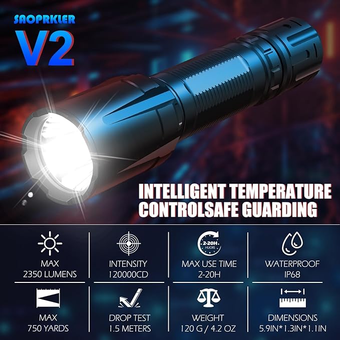 V2 Police Tactical Flashlight-2350 High Lumen Duty Belt Flashlight for Law Enforcement,Flashlight with Holster(750 Yards/2H) Military Grade Super Bright Flashlights