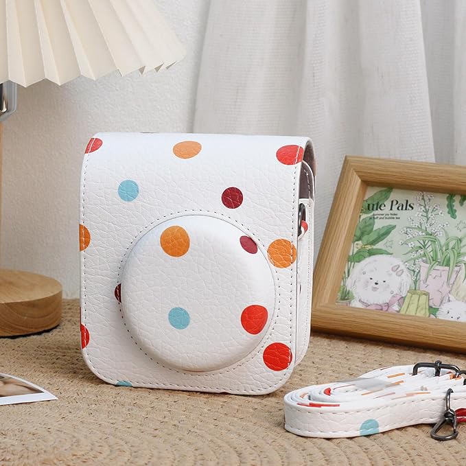 Frankmate Protective Case Compatible with Mini 12 Instant Film Camera with Accessory Pocket and Adjustable Strap (Polka Dots)