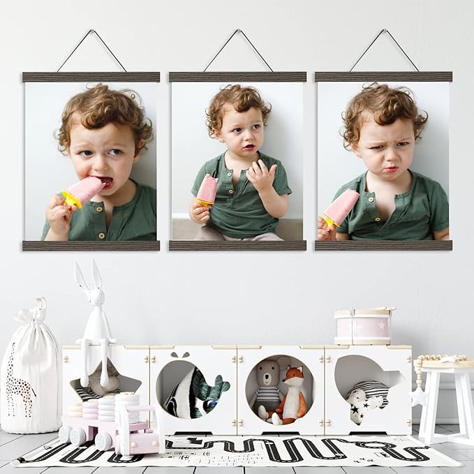 YK artwood 3 Pack Magnetic Poster Hanger Brown, 12x18 12x16 12x24 Poster Frame Wood Wooden Magnet Print Posters Dowel Scroll Hanger Hangers Hanging Kit for Walls Map Canvas Artwork