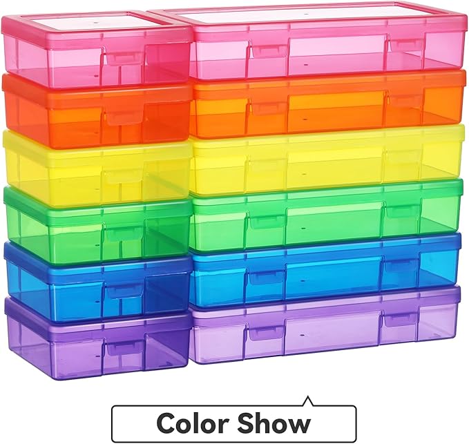 novelinks Stackable Clear Plastic Storage Boxes with Latching Lids – 12 Pack (6 Medium + 6 Small) Art Supply Organizers for Crayons, Pencils, Beads, Jewelry & Crafts (Colorful)