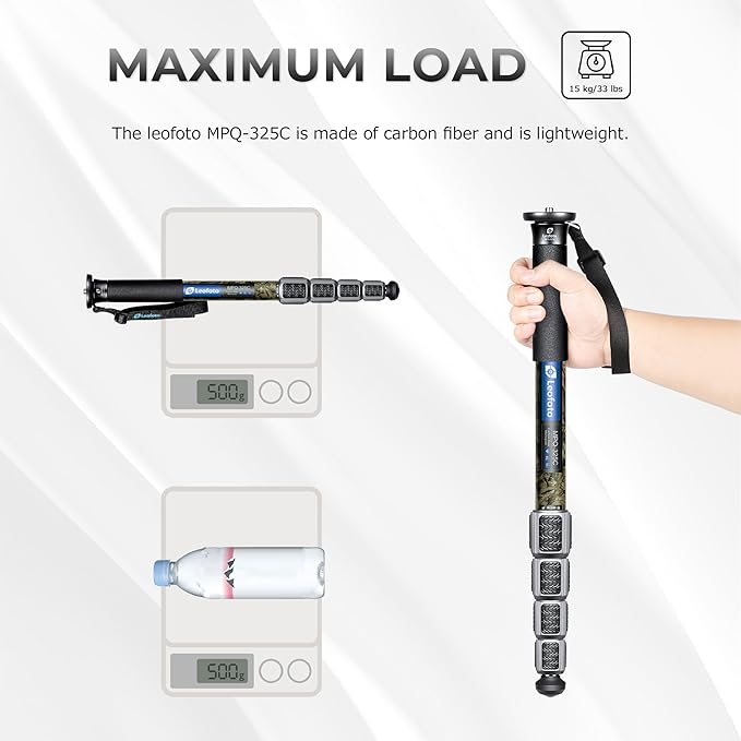 LEOFOTO Camera Monopod Carbon Fiber Portable Compact Lightweight Travel Monopod with Wrist Strap, Silicone Handle, Twist Locks, 5-Section up to 165cm, Max Load 15kg，Camo(MPQ-325C)