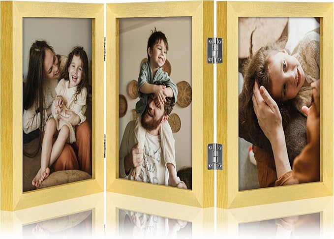 decorUhome Triple 5x7 Picture Frame Vertical, Engineered Wood Trifold Photo Frame with Plexiglass for Tabletop Display, 5x7, Gold