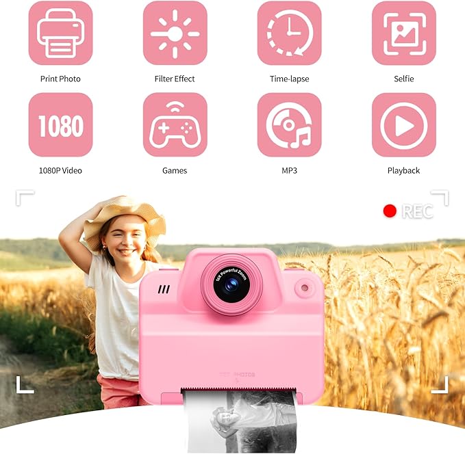 Kids Instant Camera Print Photos Instantly, Toy Camera That Printing Pictures, Instant Prints Cameras Gift for Toddler Girls & Boys Aged 3-12 (Pink)