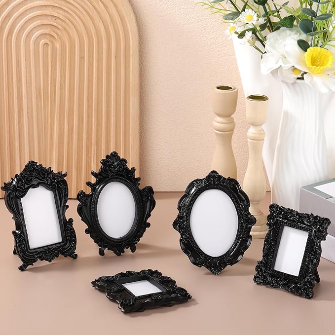 Maitys 25 Pcs Mini Picture Vintage Frames with Stands Tiny Antique Photo Baroque Ornate Resin Oval Frame Table Top Display Home Wedding Decor (Black)