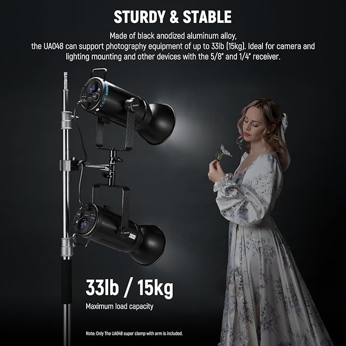 NEEWER Super Clamp with 6" Extension Arm, 5/8" Stud, 2.4" Jaw Grip Heavy Duty Crab Pole Clamp for Round Pipe Flat Surface,for Photography Studio Camera Lighting Mounting, Max Load 33lb/15kg