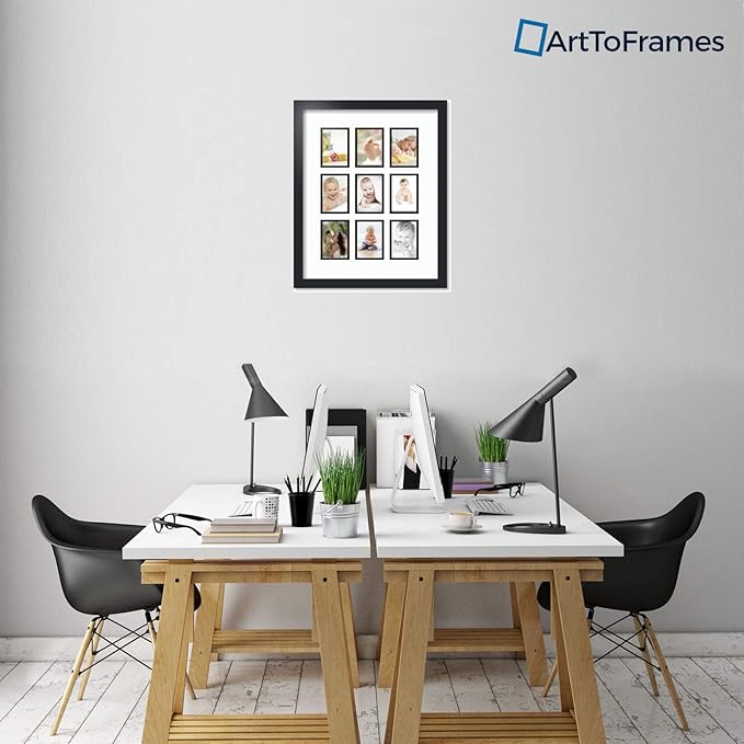 ArtToFrames Collage Photo Frame Double Mat with 9 - 3.5x5 Openings and Satin Black Frame