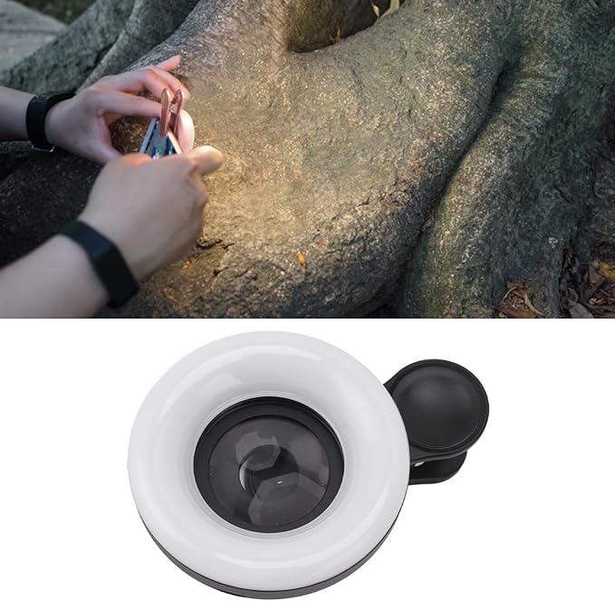 15X 2800 to 6500K Phone Macro Lens Mobile Phone Light Lens Phone Clip On Macro Lens Phone Camera Loop Light with Fill Light for Recording (Black)