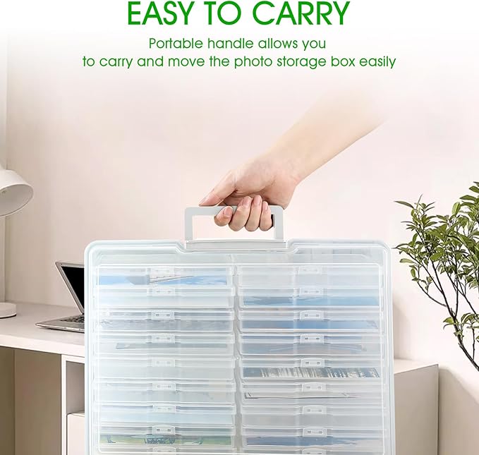 FAAYUCK Photo Storage Box 5 x 7 Inches, 18 Inner Extra Large Photo Boxes with Dividers, Clear Acid-Free Photo Storage Containers with Handle, Photo Organizer Craft Keeper for Photo, Craft, Stamp etc