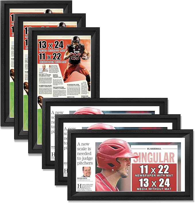 JupDec 11 × 22 Up to 13 × 24 Newspaper Frame, Premium Wood Display Case with Acrylic Panel, Wall Mount or Tabletop Stand, Perfect for Home & Office Decor, Ideal Gift for Collector, 6 Pack, Black