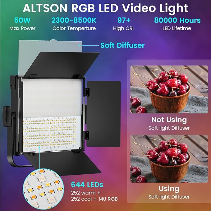 2-Pack RGB Photography Lighting Kit, 50W Bi-Color Professional LED Studio Lights, 2300k~8500k Dimmable Photo Lights for Photography Filming Camera Video Recording Stage Shooting Streaming TikTok