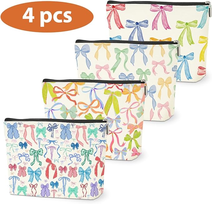 4 PCs Bow Stuff Makeup Bag Coquette Stuff Cosmetic Bag, Bow Gifts for Women Teen Girls Best Friends Daughter Bestie Niece, Cute Bow Stuff Christmas birthday Gifts Zipper Pouch Toiletry Bag