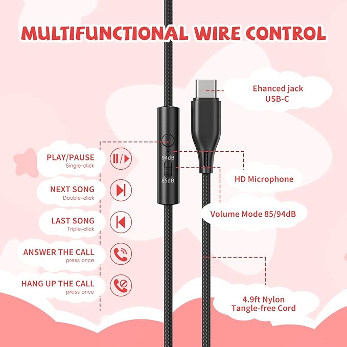Kids Headphones Wired with USB C Plug, 85/94 dB Volume Limit, USB Type C Headphones for Kids Boys Girls, Foldable Stereo Sound Over Ear Wired Headphones for School/Tablet/Travel, Black Red