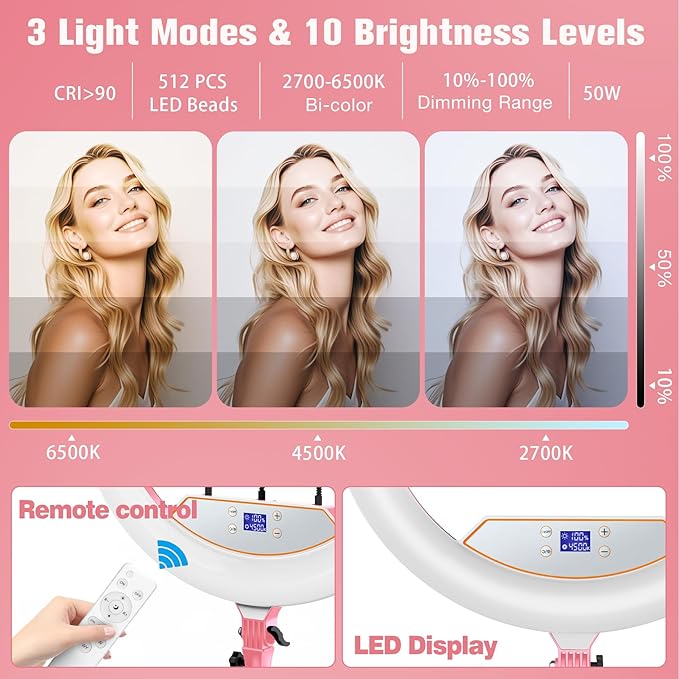 Ring Light with Stand 22inch Kit: Professional Ring Light Overhead Tripod for iPhone ipad, LCD Display/2 USB Ports for Makeup Barber Tattoo Lash Extension Video Photography Lighting (Pink)