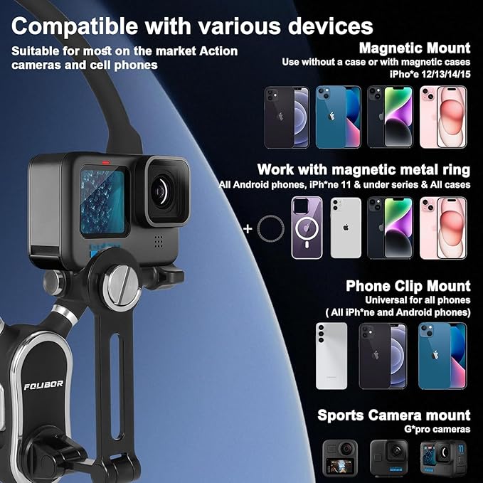 Magnetic Neck Phone Holder, 4 in 1 Neck Mount for Phones Action Camera Gopro, Hand Free Cell Phone Neck Holder for Recording POV/Vlog Video Selfie, Neck Tripod for iPhone, GoPro, Android Phones Black