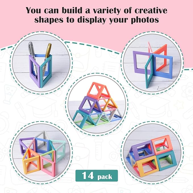 Epakh 14 Packs Magnetic Photo Picture Frame Cute Mini Table Photo Frame Holder 3 Inches Plastic Colorful Picture Display for Fridge Office (Multicolor)