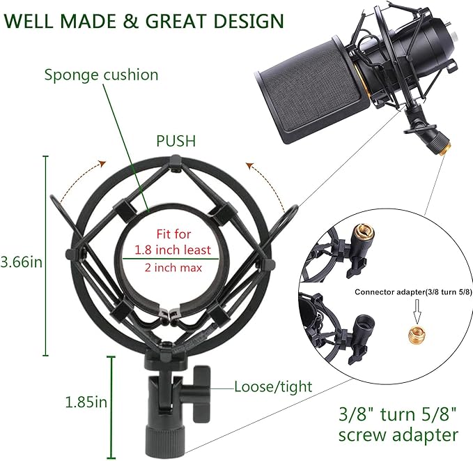 Microphone Shock Mount with Pop Filter, Mic Anti-Vibration Suspension Shock Mount Holder Clip for Diameter 46mm-51mm Microphone