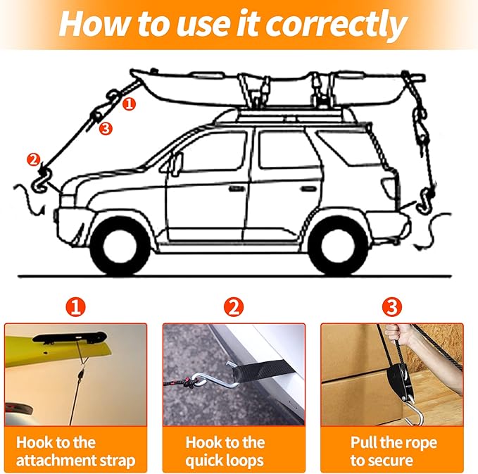 Mind and Action Kayak Tie Down Straps,Quick Hood Loops Trunk Anchor,Canoe Transport Accessories Secure Vehicle Lashing Point (2 Pulley Hooks)