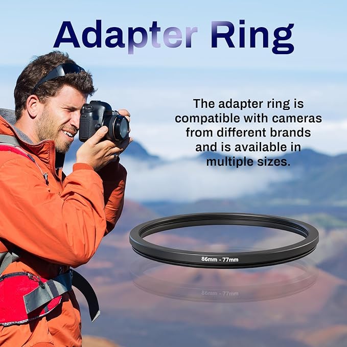 86-77mm Step Down Ring Adapter Filter, Metal Camera Lens Filter Adapter Ring Set Universal Black Stepping Rings Fits 86mm Lens to 77mm UV/CPL/ND Filters Hoods Converters