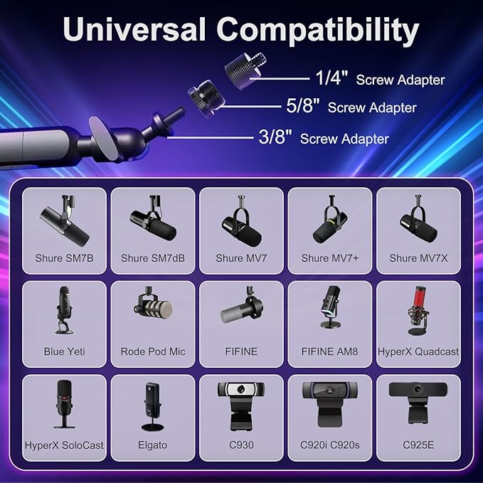 Microphone Boom Arm - Heavy Duty Low Profile Metal Mic Arm Stand with Desk Clamp & Cable Management, 360° Rotatable, Fits Shure SM7B/MV7, Blue Yeti, Fifine AM8, AT2020 for Podcasting & Gaming