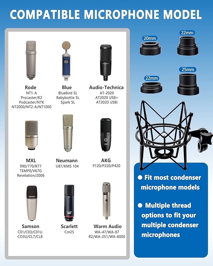 Microphone Shock Mount Universal Mic Holder Spider Recording Mic Shockmount Stand Compatible with Many Condenser Mics Like Rode NT1-A NT2-A Procaster AT2020 MXL 990 770 U87 (Black)