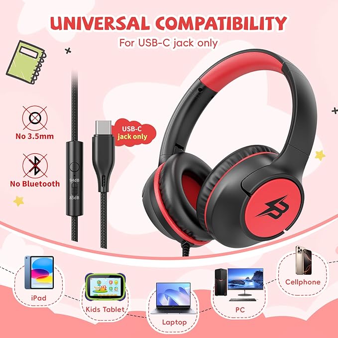 Kids Headphones Wired with USB C Plug, 85/94 dB Volume Limit, USB Type C Headphones for Kids Boys Girls, Foldable Stereo Sound Over Ear Wired Headphones for School/Tablet/Travel, Black Red