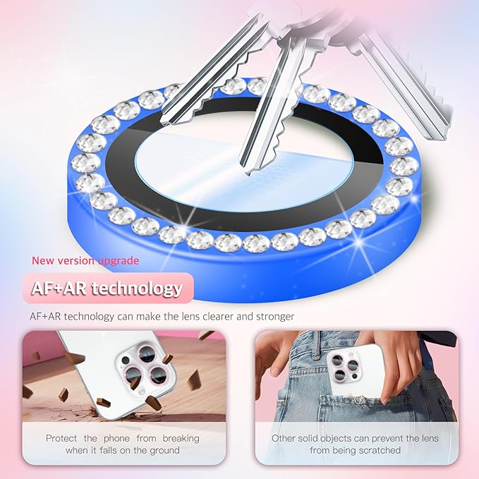 Camera Lens Protector Bling Compatible for iPhone 15 Pro/15 Pro Max,9H Tempered Glass,1Step Installation Tray,HD Clear/Military Grade Shatterproof/Scratch Resistant(Diamond Ocean Blue)