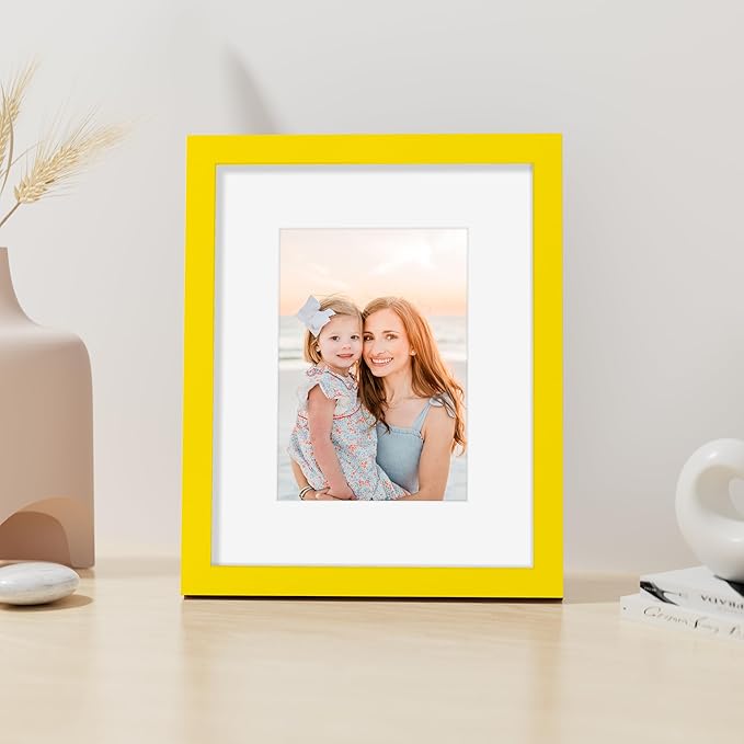 Vittanly 8x10 Picture Frame, Made of Solid Wood and Shatterproof Plexiglass, Display Pictures 5x7 with Mat or 8x10 without Mat, Wooden Photo Frame for Wall Mounting or Tabletop Display, Yellow, 1 Pack